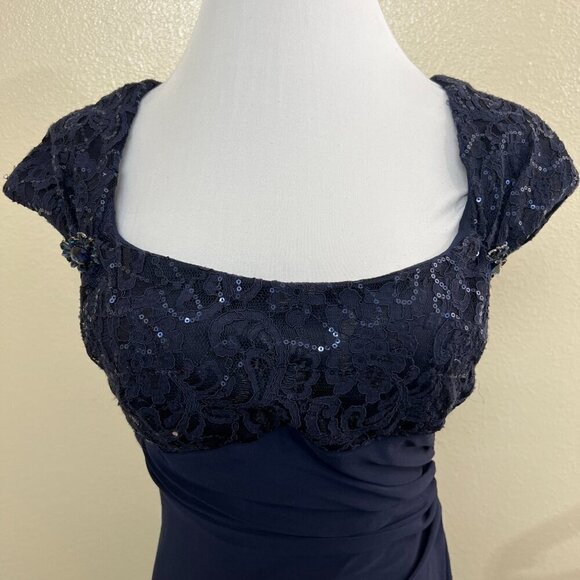 Betsy & Adam Embellished-Top Cap-Sleeve Gown B180 Size 6 Maxi Dress Navy $159 - Picture 5 of 15